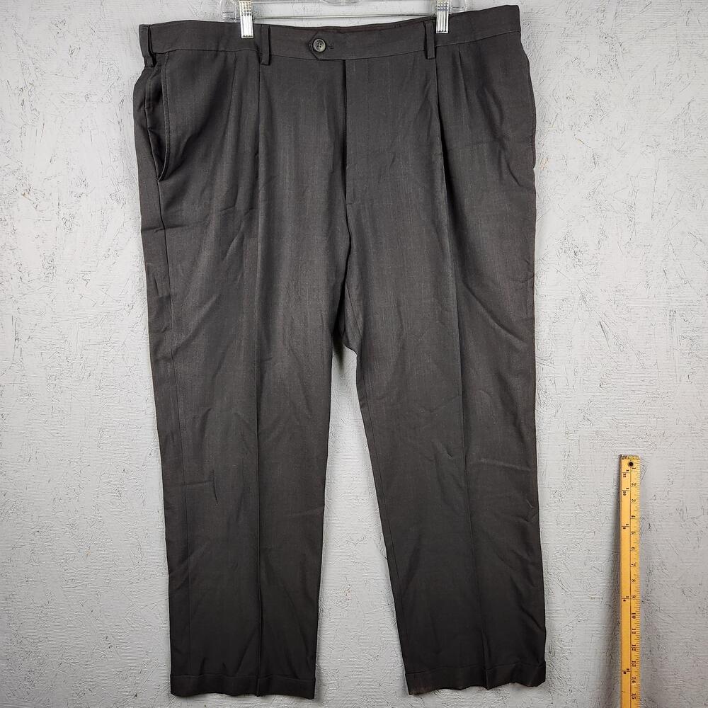 Haggar Pants Mens 42x30 Gray Charcoal Classic Fit Eclo Stria Pleated Dress Work